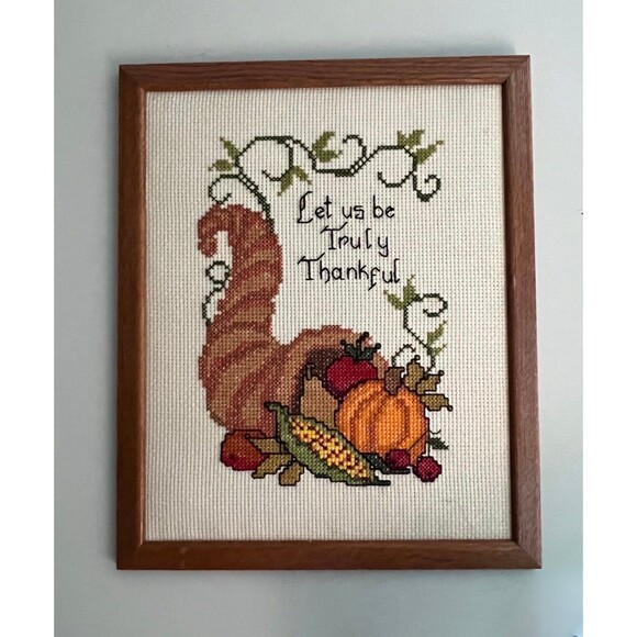 Handmade Other - 1950s Vintage Thanksgiving Harvest Cornucopia Needlepoint Art Print Piece